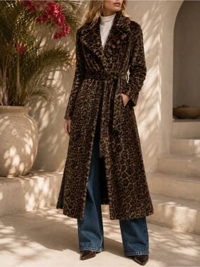 La Fiorentina Reversible Faux Fur Leopard & Black Leather Long Maxi Trench Coat